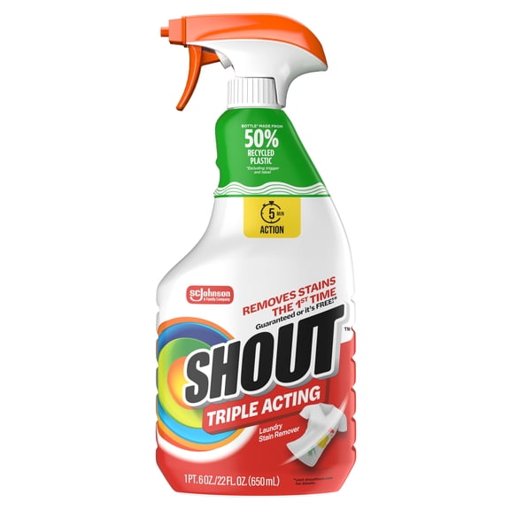 Shout Active Enzyme Laundry Stain Remover Spray, Triple-Acting Formula Clings, Penetrates, and Lifts 100 Types of Everyday Stains - Prewash Spray 22oz