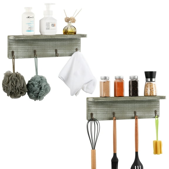 Wall mounted coat rack with wooden shelves 2 hanging storage shelves with 4 durable hooks Suitable for bathroom, hallway, bedroom, living room, kitchen