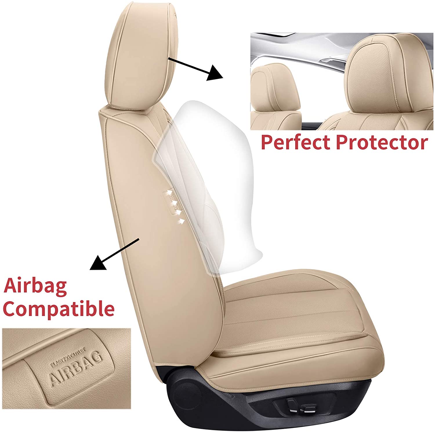 Coverado Beige Front Seat Covers, Faux Leather, Waterproof, Airbag Compatible photo 7
