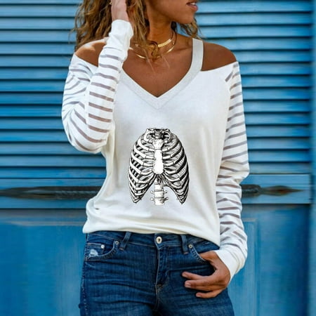 

Women s Fashion Skull Print Shirts Sexy Cold Shoulder Casual V Neck Stripe Long Sleeve Fall T-Shirt Blouse Top Fashion Casual Comfy Long Sleeve Fall Winter Blouse Tops