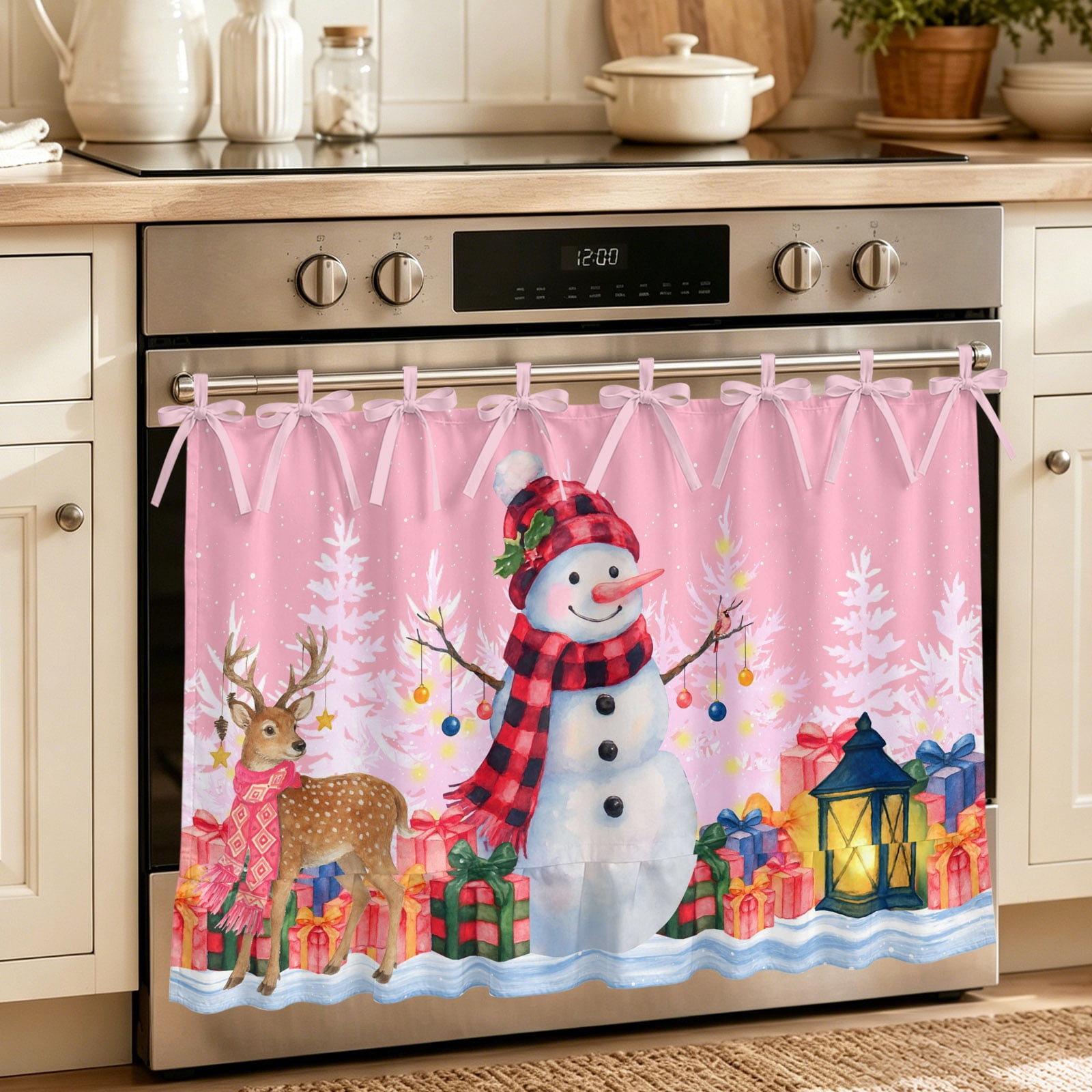 Oven Curtain for Kitchen Winter Snowman Farmhouse Elk Stove Curtain With Ruffled Trim Dishwasher Curtains Pink Christmas Tree Oven Skirt 32 x24