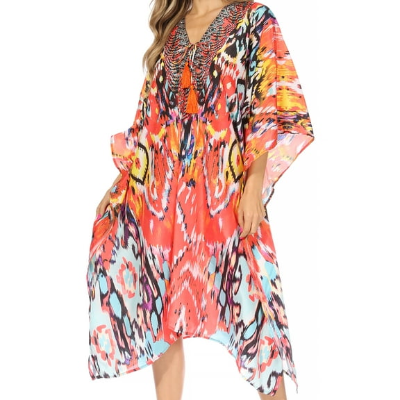 Sakkas Kristy Long Tall Lightweight Caftan Dress / Cover Up With V-Neck Jewels - Orange / Multi - One Size