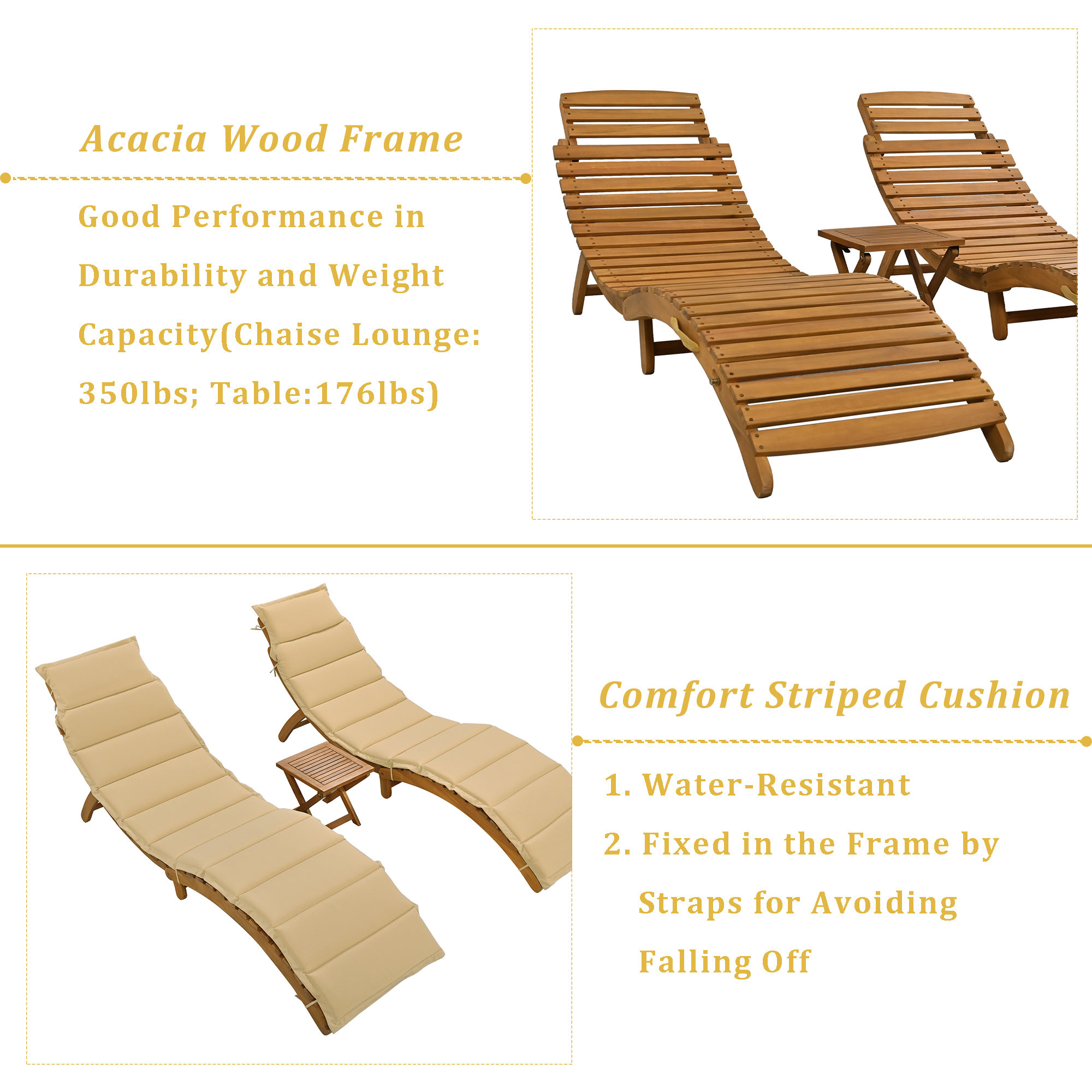 Wooden Patio Lounge Chairs, 3 Pieces S-shape Outdoor Chaise Lounge with Tea Table and Soft Cushions, Reclining Pool Beach Deck Backyard Porch Chair - image 5 of 11