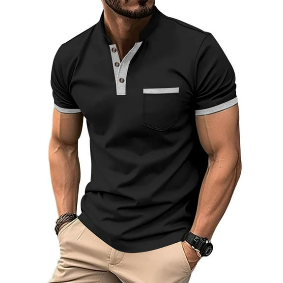 Mens Summer Casual T-Shirts Fashion Solid Stand Collar Blouses Pullover Button Short Sleeve Shirts Crew Neck Short Sleeve Henley Top