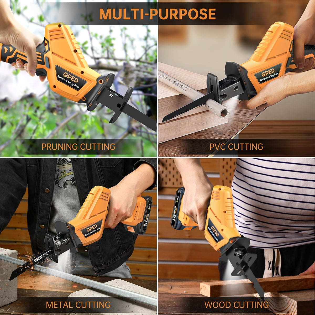 GPED Cordless Electric Sawzall, 0-3000 SPM, 2 x 20V Batteries, LED