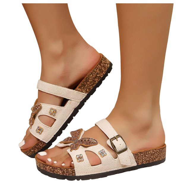 Sandales à Enfiler Papillon avec Strass pour Femmes 2025 Plage Scintillantes Semelle en Liège Robe Marche Claquettes Pantoufles