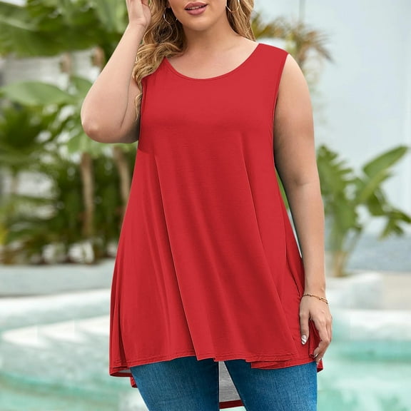 lmcalzta Plus Size Summer Tank Tops for Women Loose Fitting Crewneck Sleeveless Tops Hem Flowy Fashion Basic Tshirt