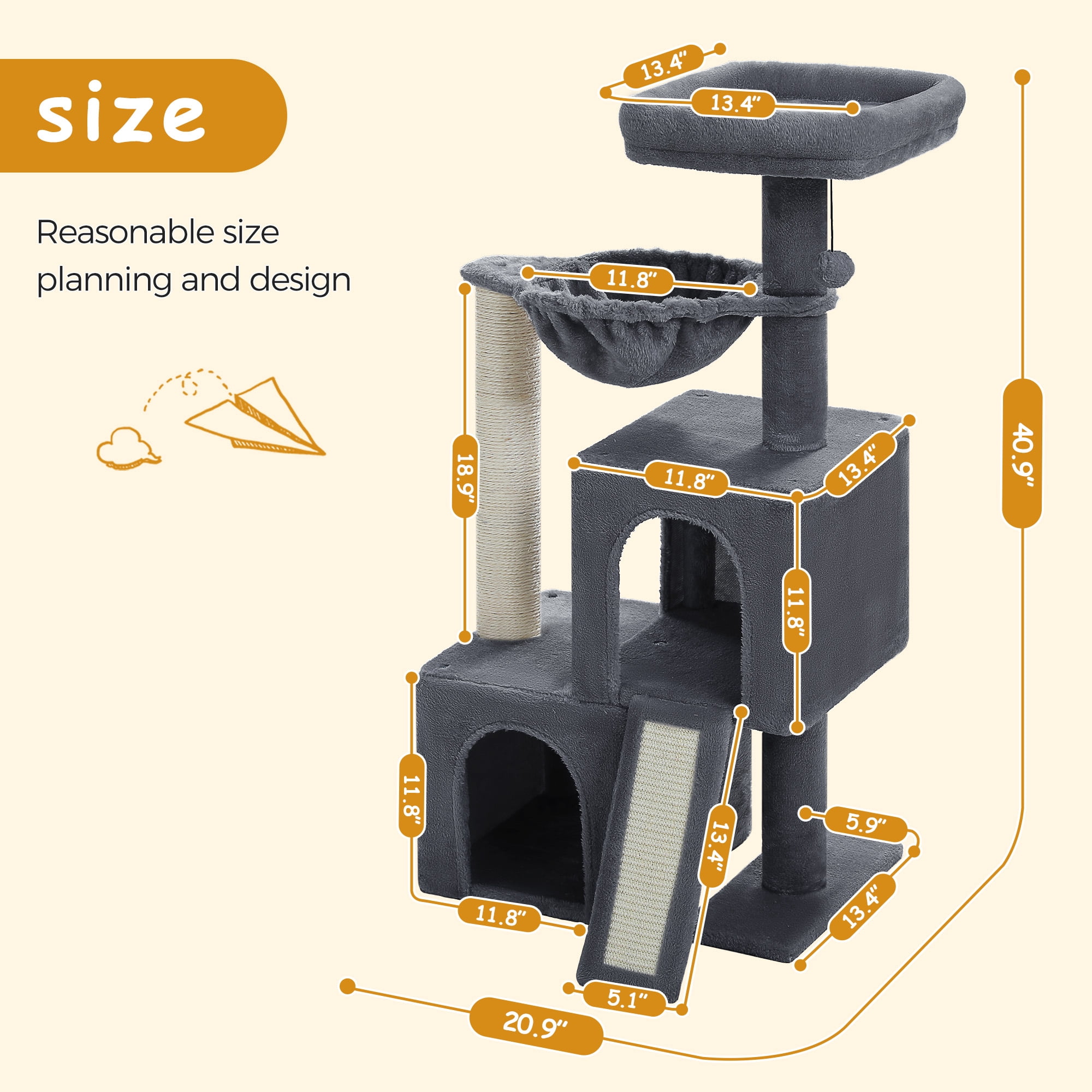 PAWZ Road 41" Cat Tree Condo with Hamock, Cat Scratcing Post Tower Ramp for Indoor Cats,Dark Gray