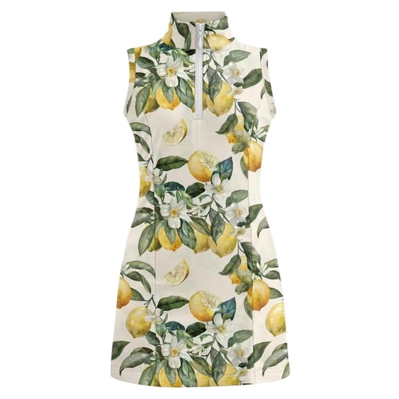 Girls Summer Dress Girls Sleeveless Zip Neck Performance Skort Dress Lemon Print Mini Crew Neck Sleeveless for Sportswear and Active Wear Beige 10 Years-11 Years
