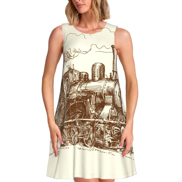 Vsdgher Robes d'Été Imprimé Train pour Femmes Robe de Plage Décontractée Col en U Sans Manches Robe d'Été Ample avec Poche