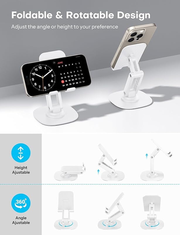 Cell Phone Stand for Desk, 2 Pack Adjustable Foldable Phone Holder, 360 Swivel Mobile Stand Fit for iPhone 16 15 14 13 12 Pro Max and All Smart Phones, Black & White