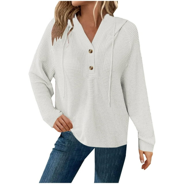 ameIAEA Women Hoodies Long Sleeve Button V Neck Pullover Sweatshirts Solid Color Fall Tops