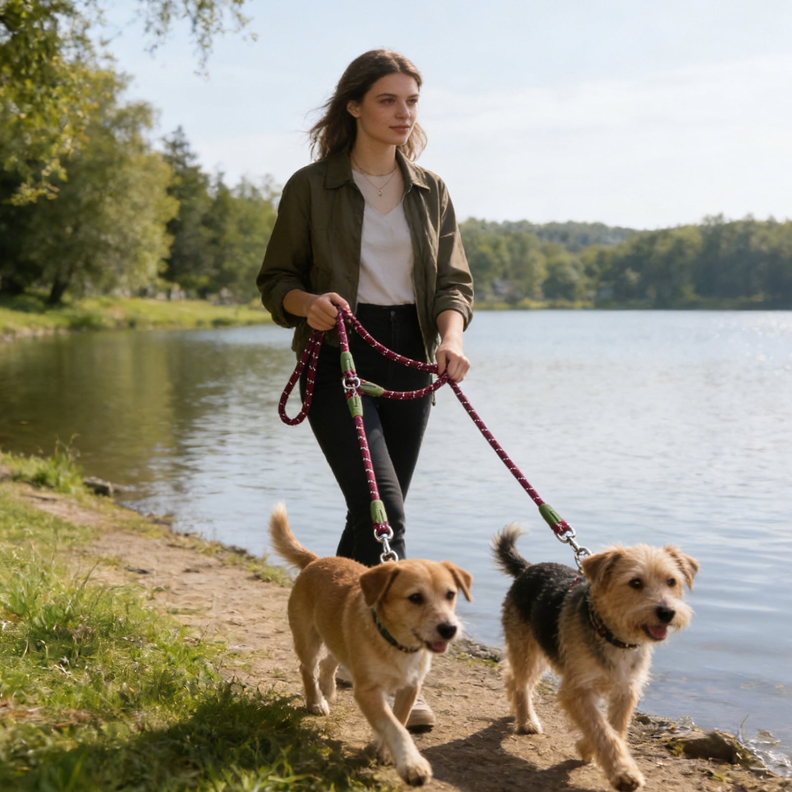Hands-Free Double Dog Leash for 2 Dogs, Nylon Reflective Leash with Waist and Shoulder Strap, Bungee Leash for Medium and Large Dogs, Multi-Dog Walking