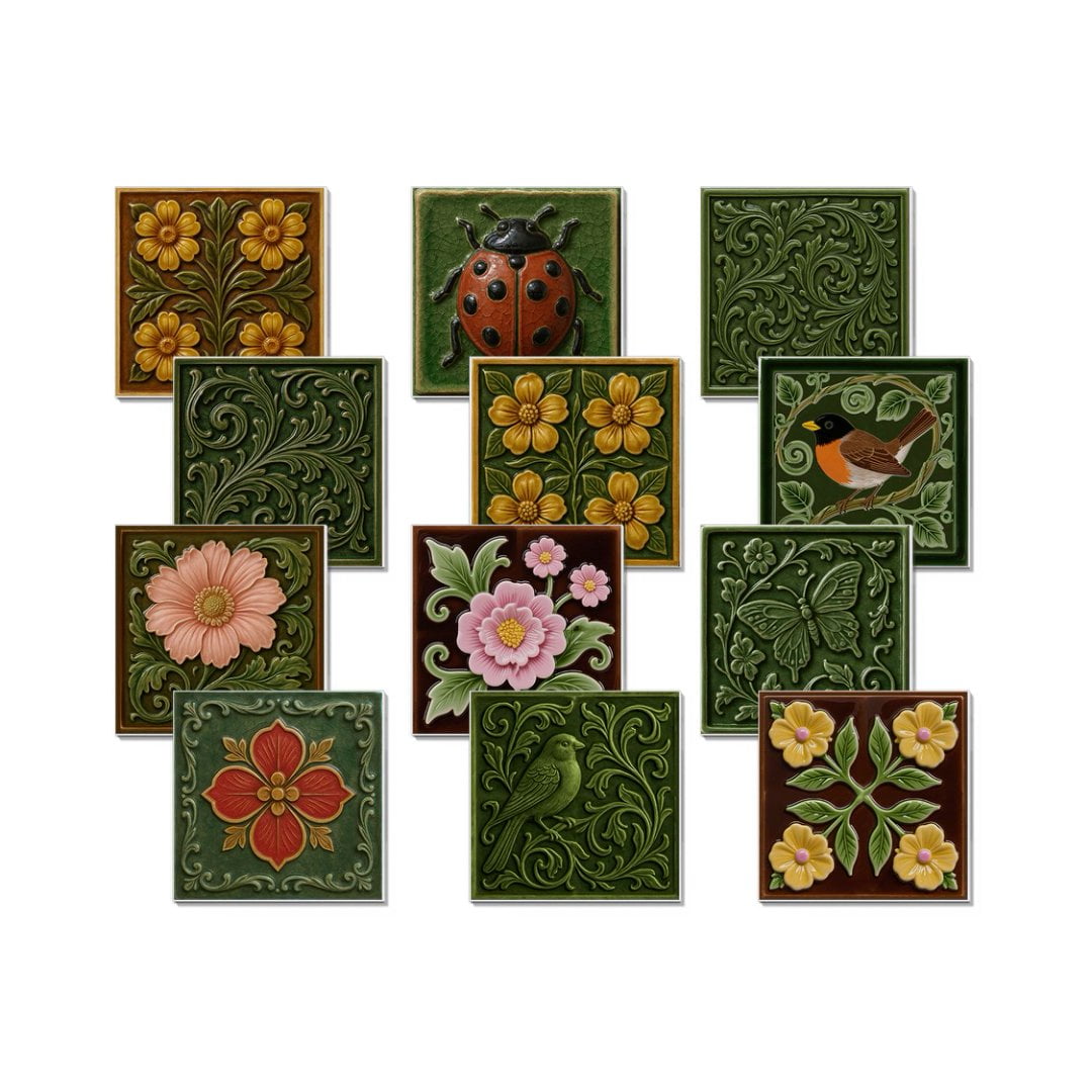 12 Sheets Tile Sticker Waterproof Peel and Stick Backsplash 5.9" x 5.9" Green Flower Wall Stickers Self-Adhesive DIY Decor Decals