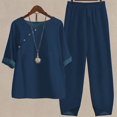 thumbnail image 1 of Ladies Five Sleeve Printed Blouse Pants Two Piece Suit, Blue S, 1 of 3
