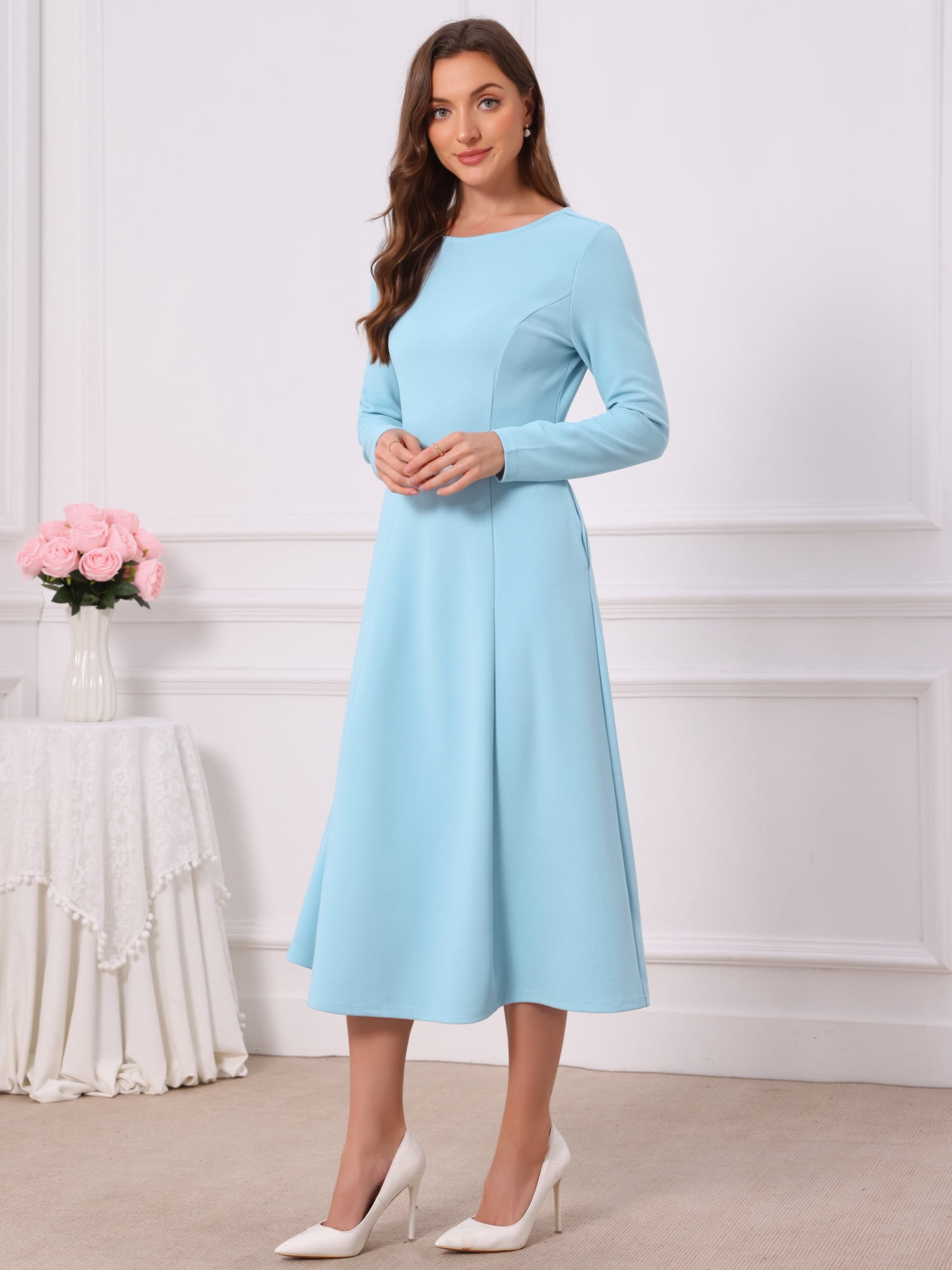 DARING DIVA Women's Long Sleeve Formal Crewneck A-Line Maxi Dress 2XL Light Blue