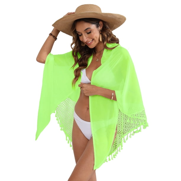 Pareos de Playa Bohemios para Mujer, Pareos de Transparente para Bikini, Faldas para Trajes de Baño. Verde Brillante Talla Única