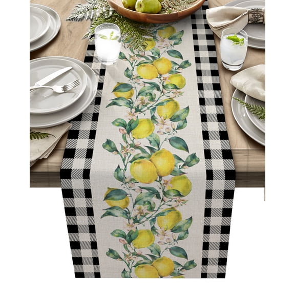 Table Runner Dresser Scarves 90 Inch Long, Farm Summer Lemons Fruit Leaves Linen Dining Table Runners White and Balck Grid on Burlap Tabletop Scarf for Wedding Holiday Party Kitchen
