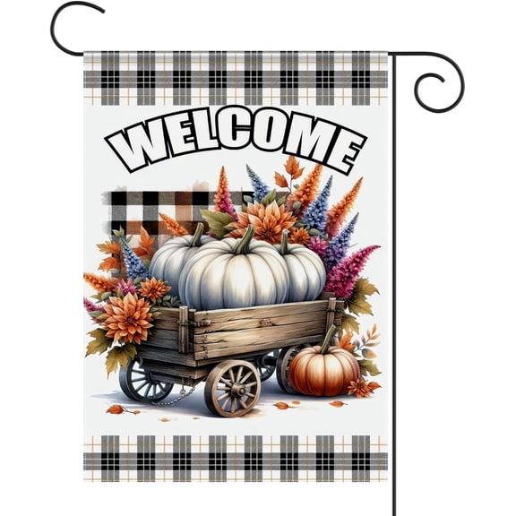 Fall Garden Flag 12x18 Inch Welcome Pumpkin Cart Yard Flag Double Sided Seasonal House Flag Autumn Plaid Outdoor Thanksgiving & Halloween Décor for Porch Patio Lawn Farmhouse Garden