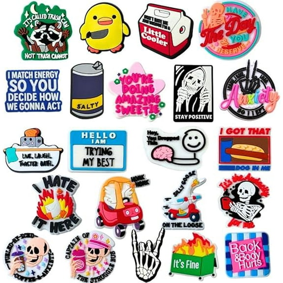 Funny Shoe Charms 24 PC Set Cool Fun Accessories for Men Women Girls Boys Teens Meme Sarcastic Charm Pin Humor Skeleton Dog Dinosaur Silly Goose Clog Decor for Shoes Witty Goofy Hilarious Gift