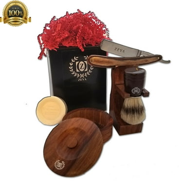 MEN'S WOODEN WET CUT THROAT STRAIGHT RAZOR SHAVING SET KIT IN GIFT BOX 4 PC