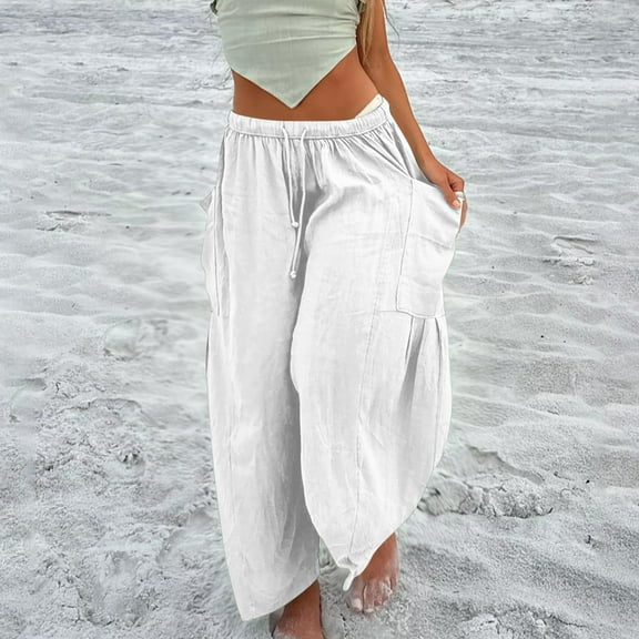 Chbgutlmr Wide Leg Pants for Women Drawstring Elastic Waist Ruched Trousers with Pockets Casual Loose Summer Comfy Pants