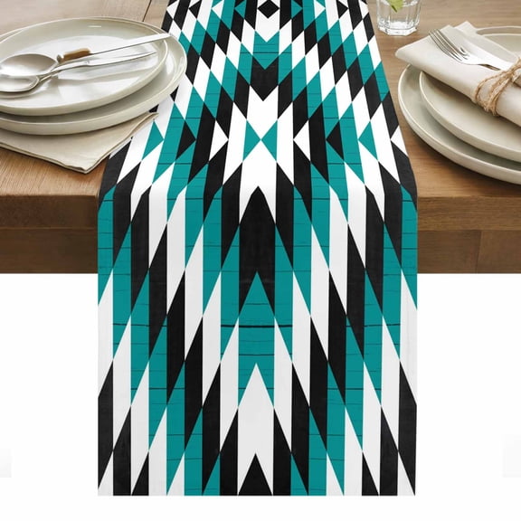 Turquoise Aztec Table Runner - 90 Inch Long, Kitchen Dining Table Runner Dresser Scarves, Black White Southwest Vintage Geometric Farmhouse Decor for Coffee Tables Wedding Party Banquet