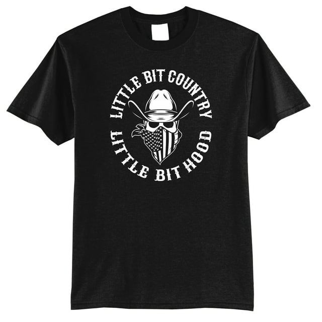 Tee with “LITTLE BIT COUNTRY LITTLE BIT HOOD” & Cowboy Skull Graphic: Bold Statement, Comfortable Sports Tees