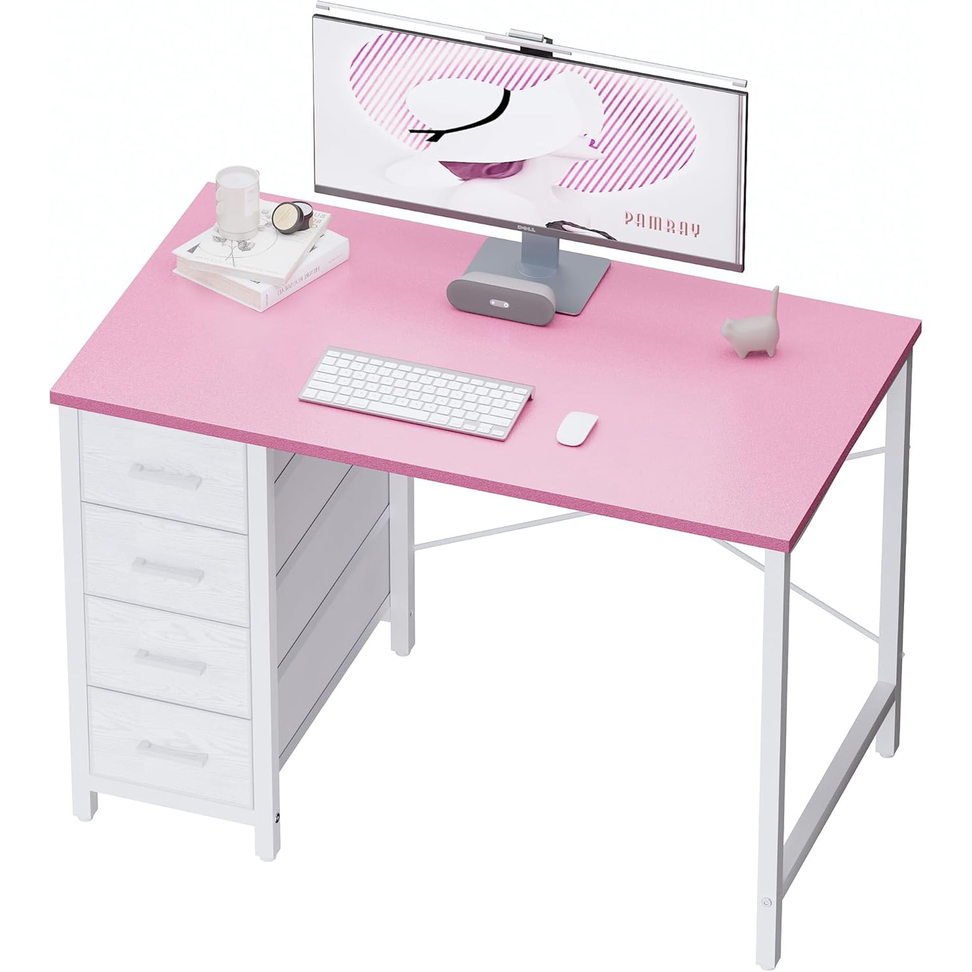 32 Inch Computer Desk with 4 Drawers for Home Office Bedroom Study in Pink