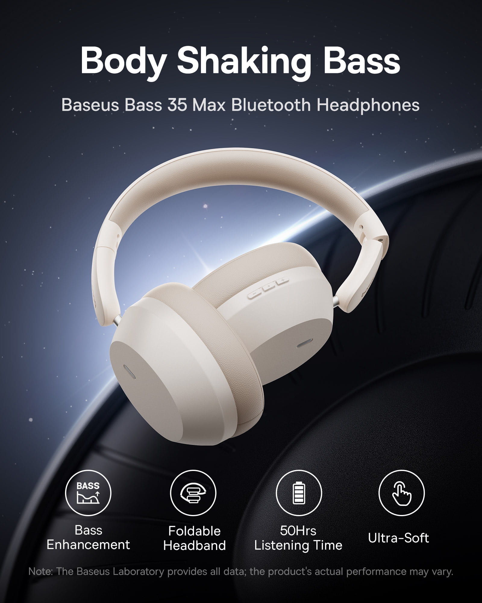 Baseus Over Ear Headphones Bluetooth 5.3 50H Playtime Foldable Wireless Headphone, White