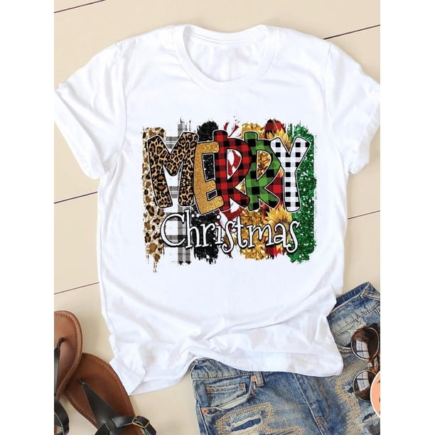 Camiseta con estampado navideño de estilo acuarela para mujer, ropa de Año Nuevo con cuello redondo, camiseta informal con estampado de los años 90