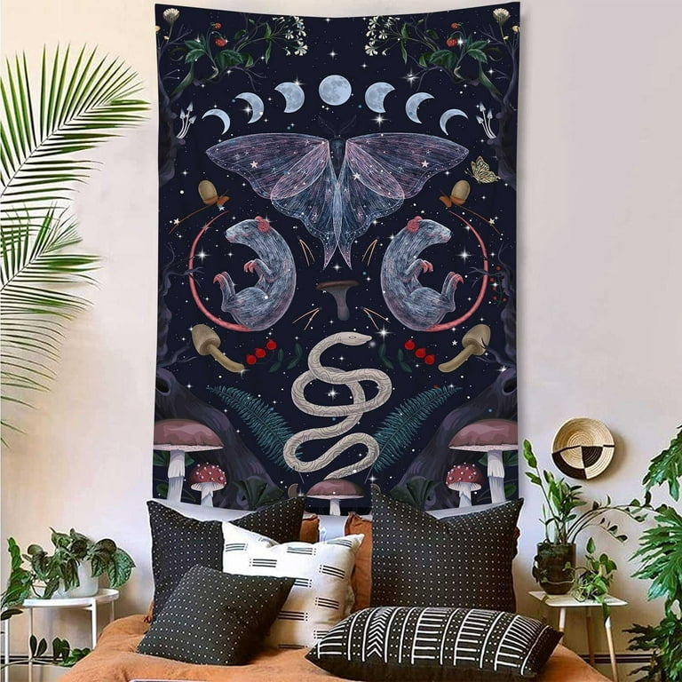 Witchy Moth Vertical Tapestry Aesthetic, Trippy Snake Floral