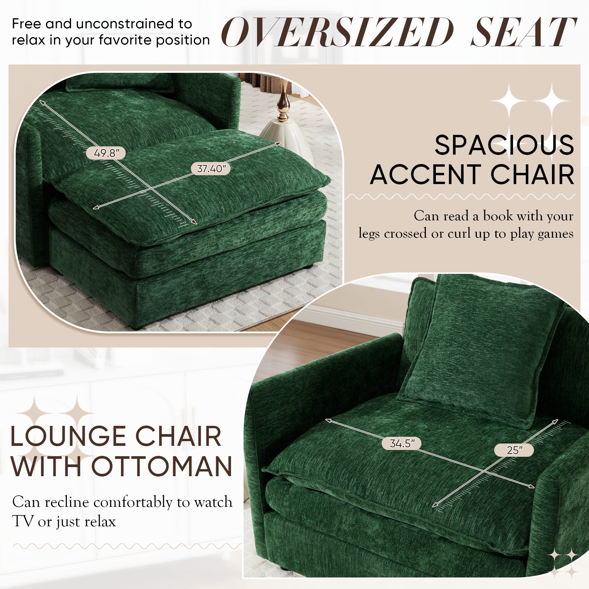 Lunale Oversized Chair with Ottoman, Reading Accent Armchairs for Living Room, Bedroom, Green Chenille