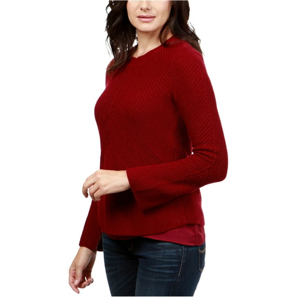 Lucky Brand Womens Nico Chiffon Hem Knit Sweater Red Small