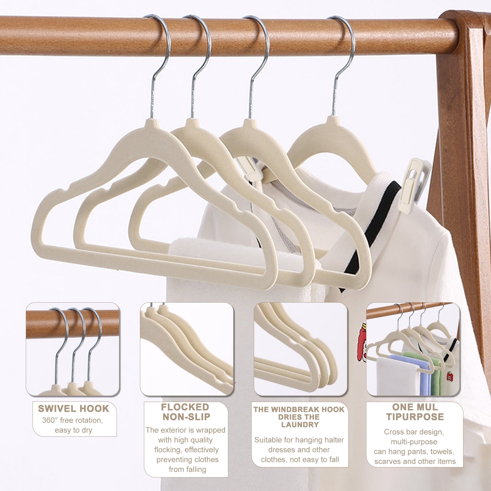 VEGCOO Baby Velvet Hangers(11inch - 50 Pcs), Premium Non Slip Kids Felt Hangers for Clothes for Toddler Kids' Closet with 10 Velvet Hanger Clips - Beige