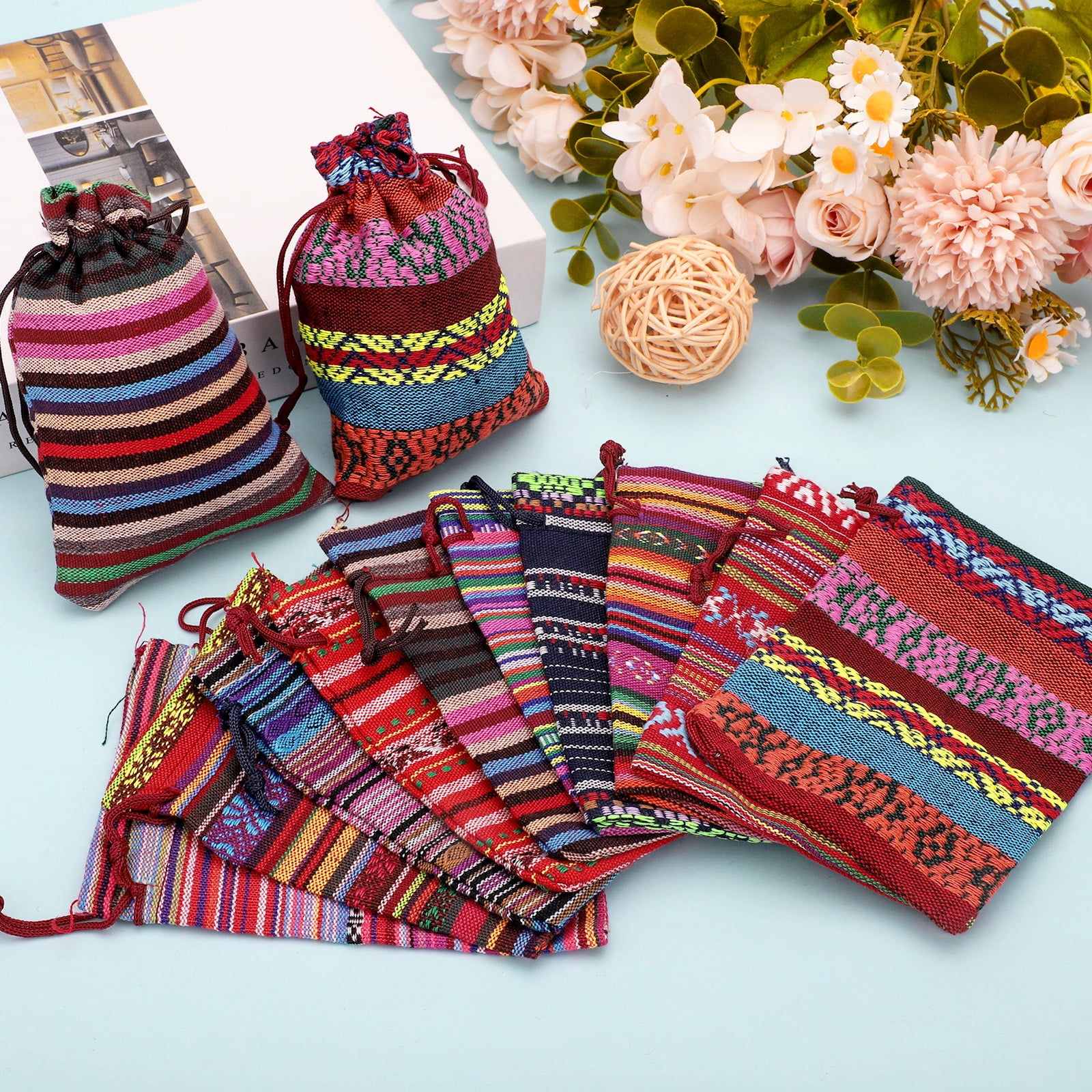 20pcs Cotton Linen Drawstring Gift Bags, Mexican Fiesta Gift Bag