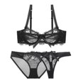 thumbnail image 1 of Soutien-gorge Aguichant pour Femme en Dentelle Brodée de Fleurs, Balconnet Transparent à Armatures, Non Doublé, avec Culotte et String, 3 Pcs, 1 of 5
