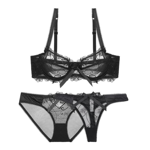 Soutien-gorge Aguichant pour Femme en Dentelle Brodée de Fleurs, Balconnet Transparent à Armatures, Non Doublé, avec Culotte et String, 3 Pcs