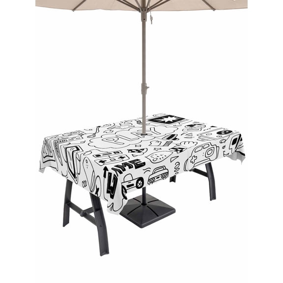 Outdoor Tablecloth with Umbrella Hole and Zipper, Black White Video Game Waterproof Patio Tablecloth for Dining 60''x120'', Console Computer Gaming Sketch Style Table Cover for Picnic BBQ Party