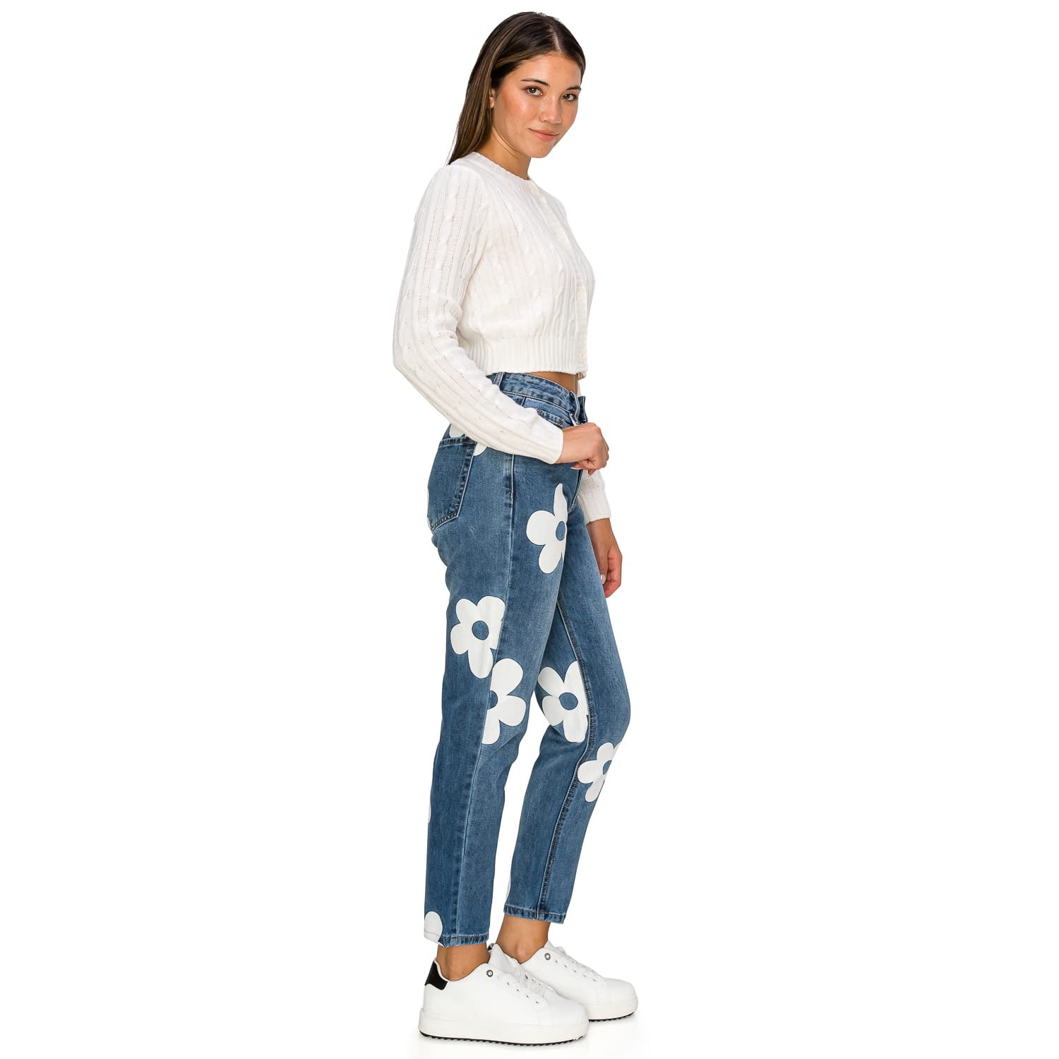 KHAKI & BLUE Women's Denim Pants High Waisted All-Over Big Flower