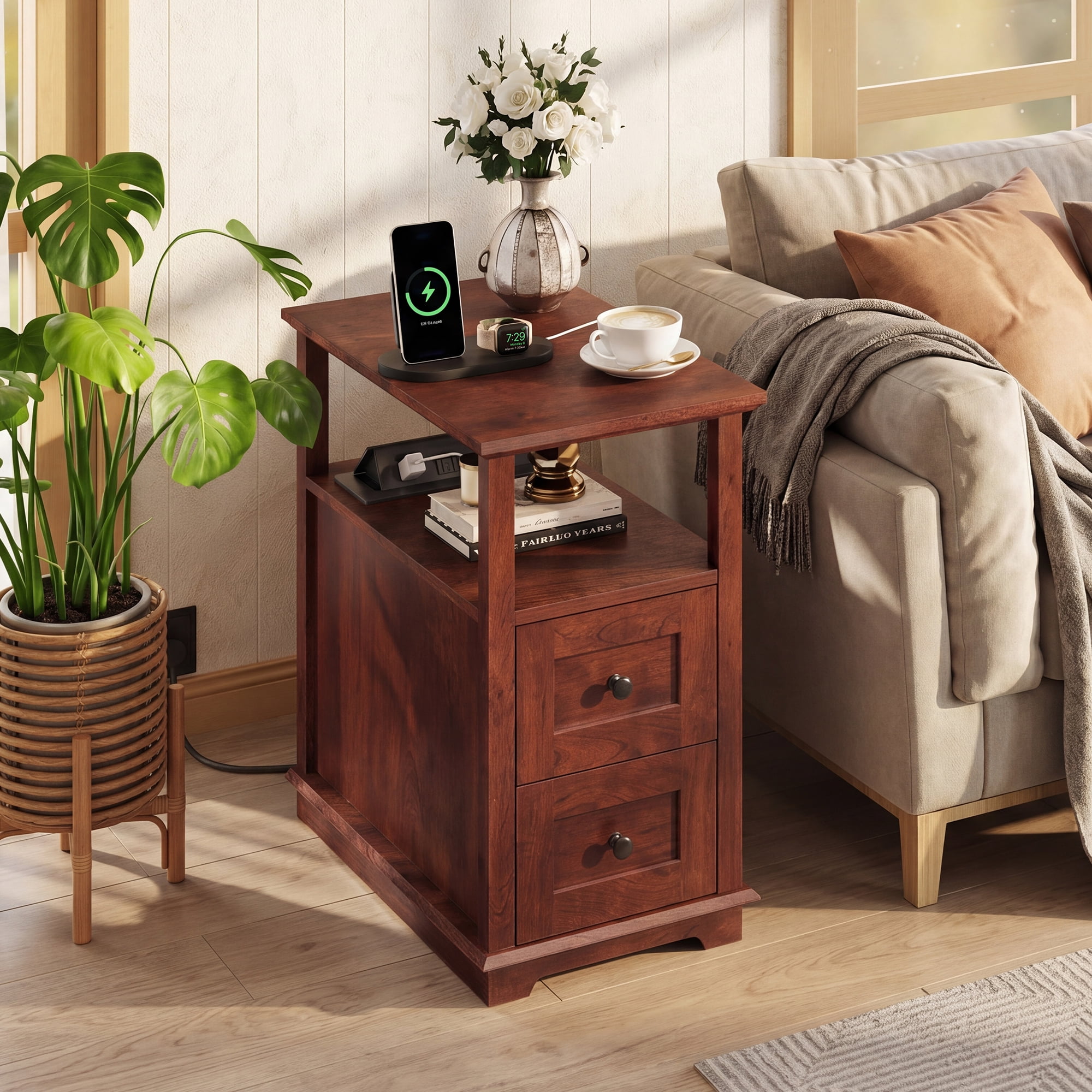 GALAXHERO Narrow End Table with Charging Station Wooden Side Table with 2 Drawers for Living Room, Bedroom, Small Space, Antique Cherry