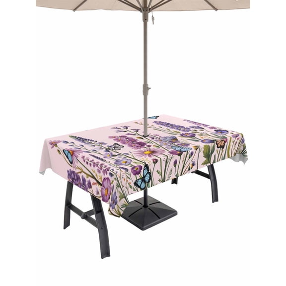Outdoor Tablecloths with Umbrella Hole & Zipper, Watercolor Floral 60 x102 Inch Rectangle Tablecloths, Spring Lavender Daisy Butterflies Pink Waterproof Table Cloth, Patio/Pool/Picnic Table Covers