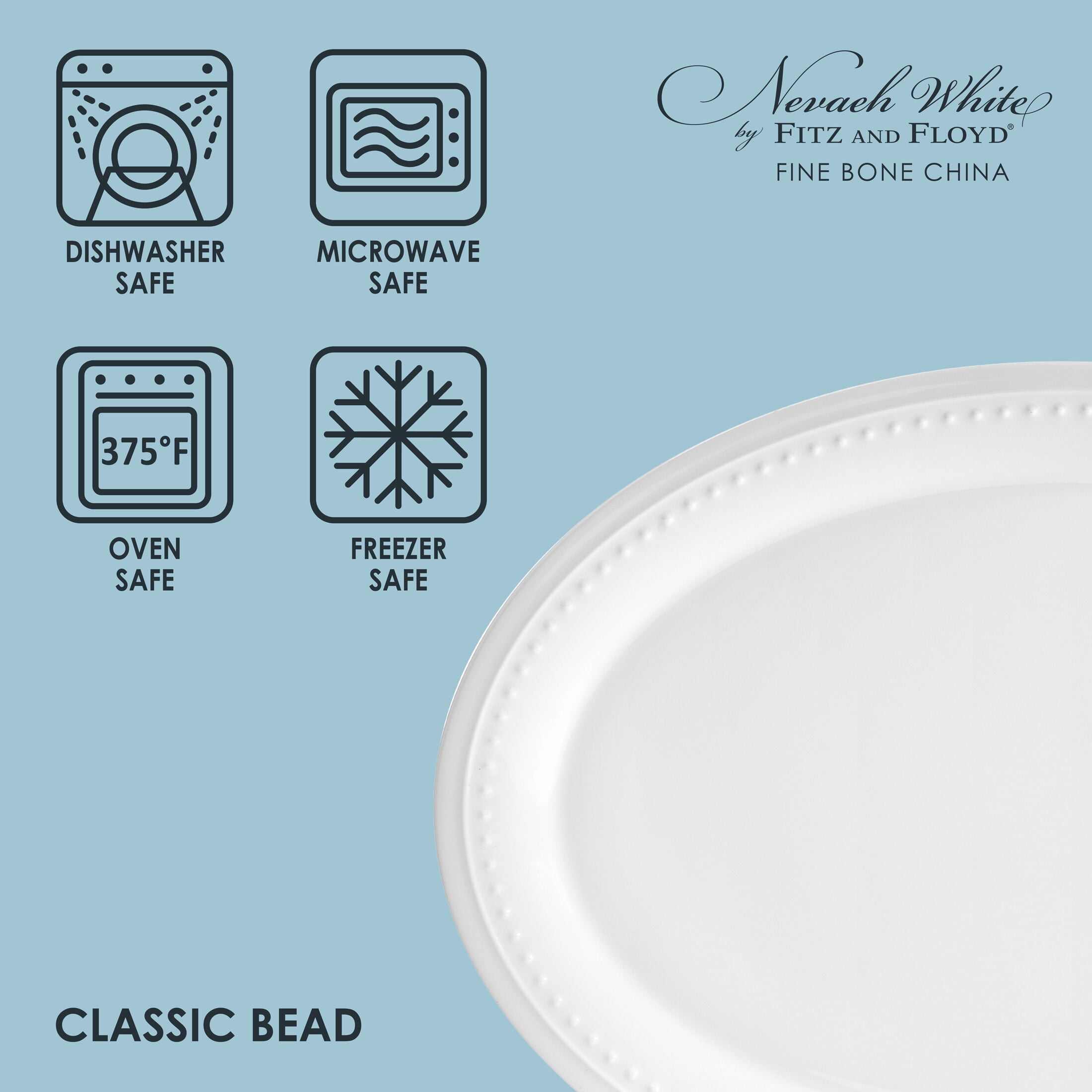 Fitz and Floyd 16-inch Nevaeh White Bone China Classic Bead Oval Serving Platter