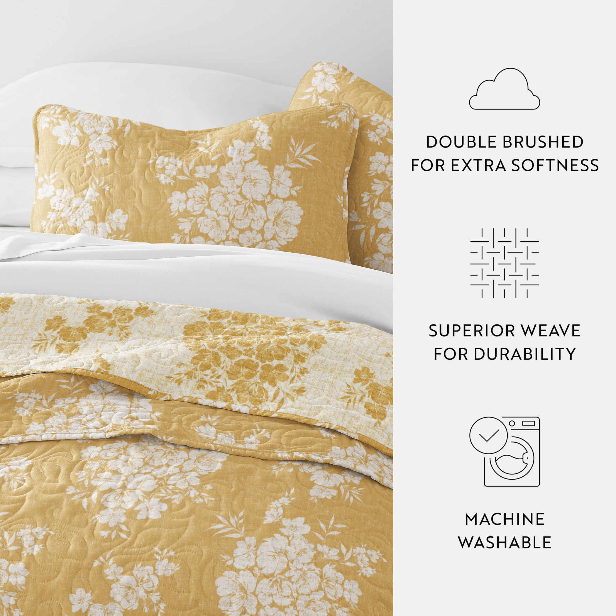 Noble Linens 3-Piece Mustard Distressed Bouquet Reversible Quilt Set, Queen