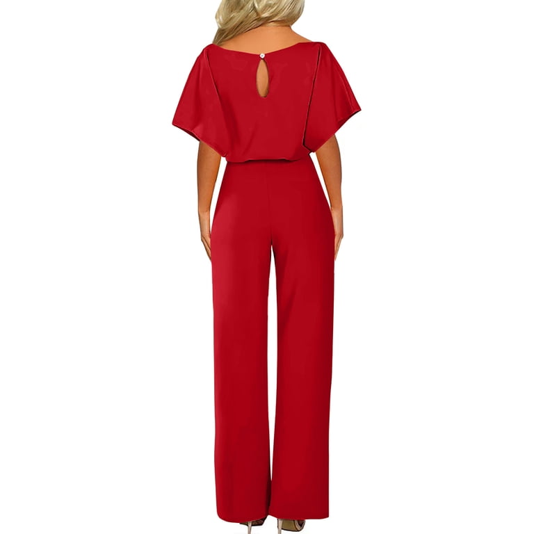 Lenpel Elegant Jumpsuits for Women Short Sleeve Crew Neck Belted 