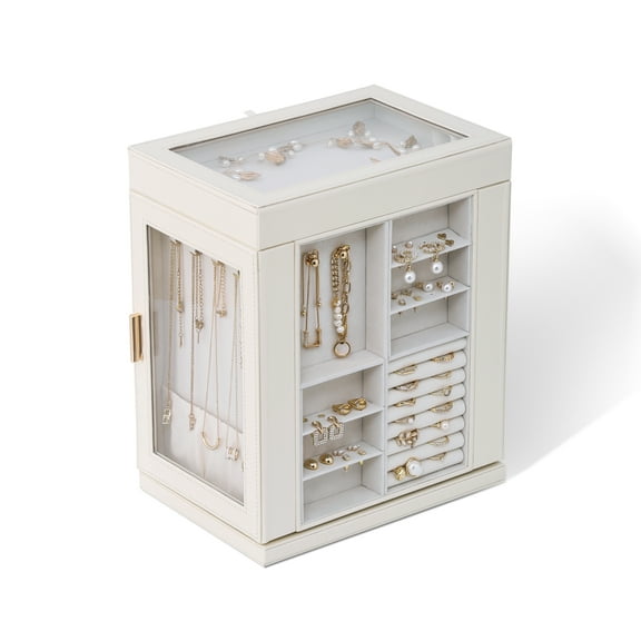 Casegrace 360° Rotating 6-Tier Huge Jewelry Organizer Box with 5 Drawers, 2-Side Clear Window Necklace Display Holder, Decorative Jewellery Storage Case for Earrings, Rings, Bracelets, Watches