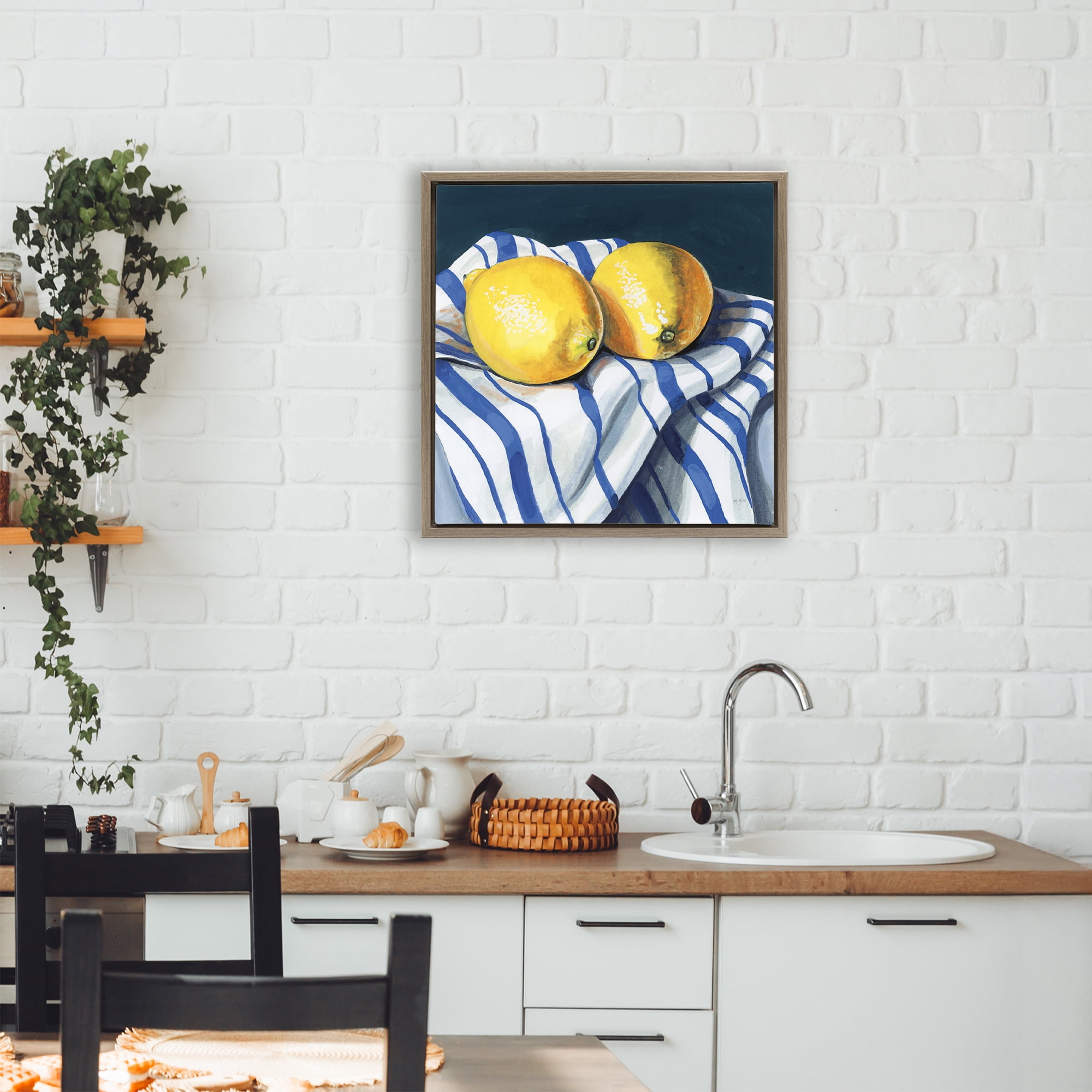 Stupell Industries Fresh Kitchen Lemons on Dishtowel Brown Framed Floater Canvas Wall Art, design by Kate Jarvik Birch
