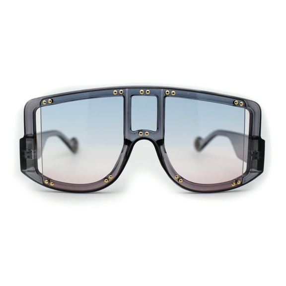 Multi Panel Shield Drop Temple Plastic Curved Top Racer Sunglasses Slate Blue Pink