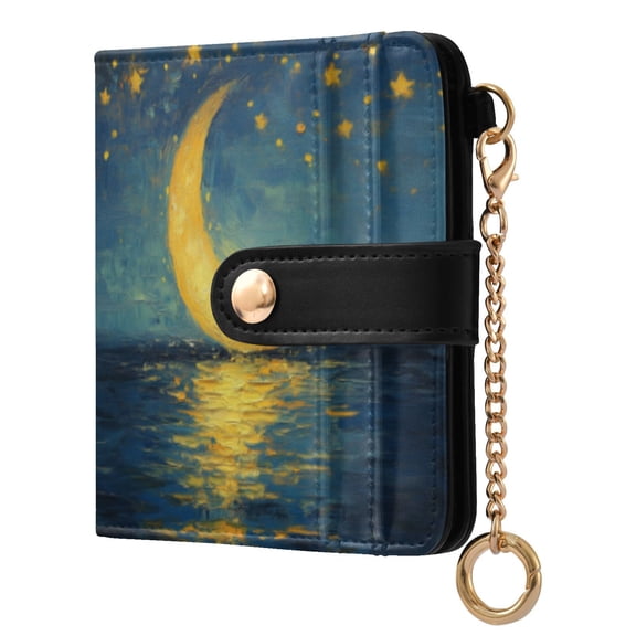 Qxltty Moon Stars Oil Painting Pattern Ladies Wallet Rfid Slim Thin Compact Credit Card Women Wallet Zipper Coin Pocket and ID Window for Female Gifts
