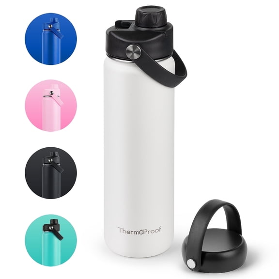 ThermoProof Double-Walled Vacuum Insulated Stainless Steel Water Bottle - Wide Mouth with Chug & Spout Lids, Dishwasher Safe, Reusable, Leakproof, Hot & Cold for Men, Women & Kids - 22oz, White